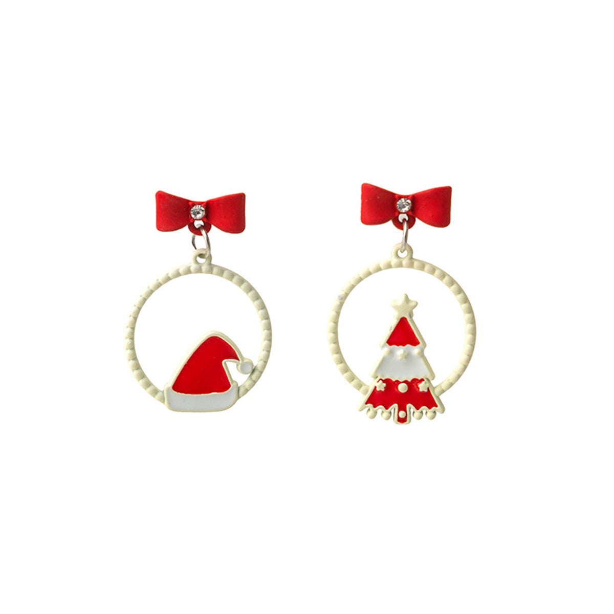White & Red Hat Christmas Tree Circle Mismatch Drop Earrings
