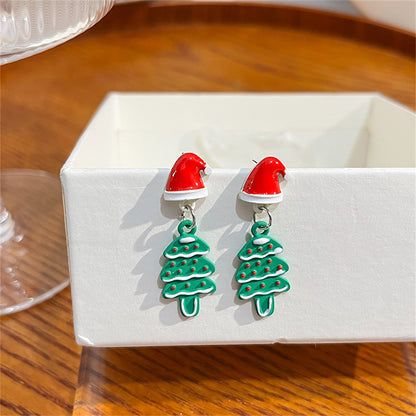 Green Enamel and Silver-Plated Hat Christmas Tree Drop Earrings, silver drop earrings for women, front view