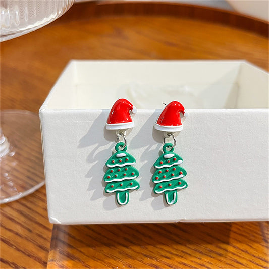 Green Enamel and Silver-Plated Hat Christmas Tree Drop Earrings, silver drop earrings for women, front view