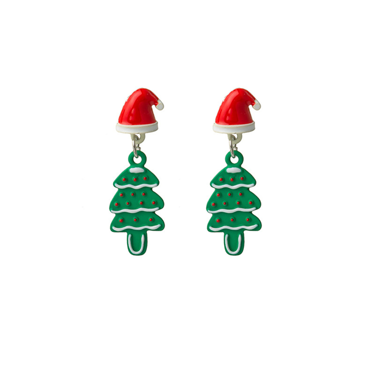 Green Enamel and Silver-Plated Hat Christmas Tree Drop Earrings, silver drop earrings for women, side view
