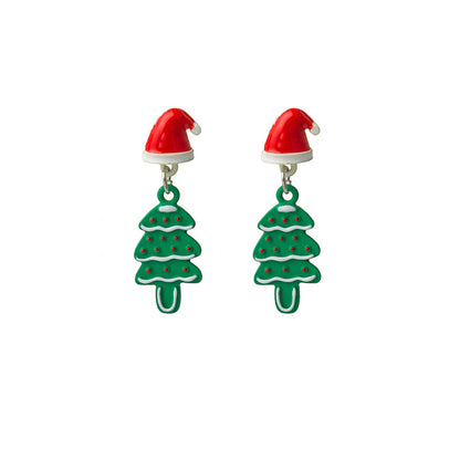 Green Enamel and Silver-Plated Hat Christmas Tree Drop Earrings, silver drop earrings for women, side view