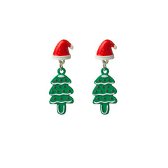 Green Enamel & Silver-Plated Hat Christmas Tree Drop Earrings