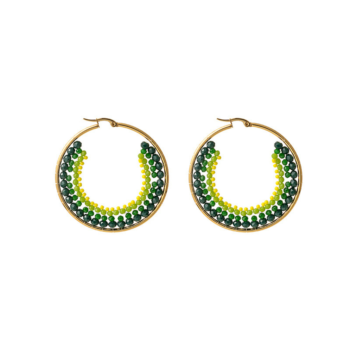 Yellow Acrylic and 18K Gold-Plated Beaded Hoop Earrings, vintage-inspired design, front view