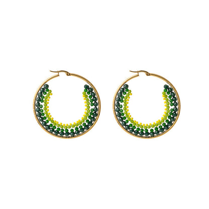 Yellow Acrylic and 18K Gold-Plated Beaded Hoop Earrings, vintage-inspired design, front view