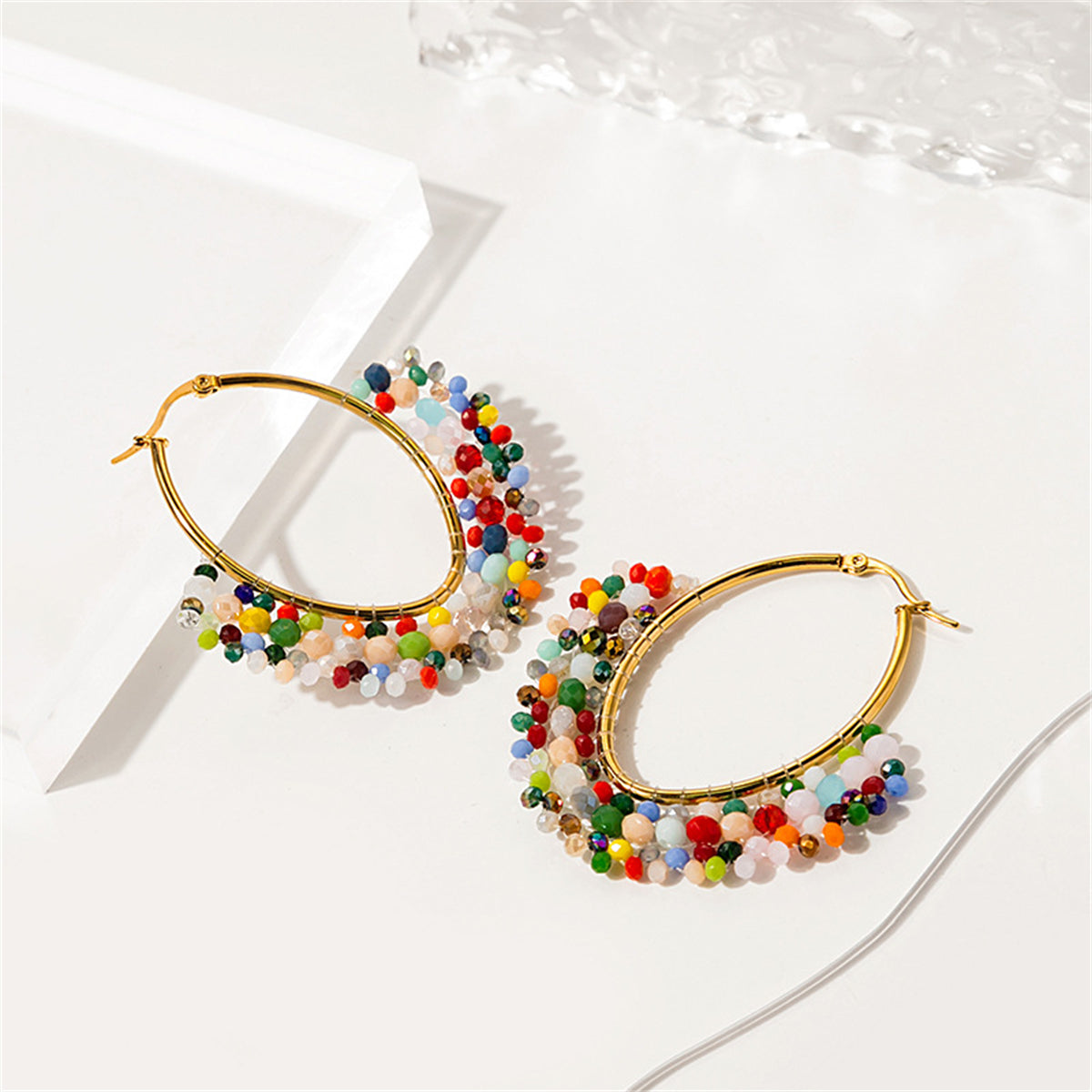 Red and Pink Multicolor Cluster Oval Huggie Earrings, huggie earrings, everyday style, front view
