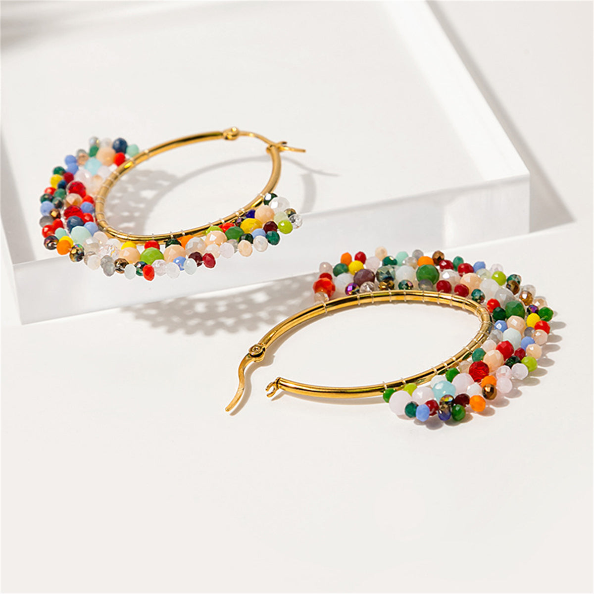 Red and Pink Multicolor Cluster Oval Huggie Earrings, huggie earrings, everyday style, side view