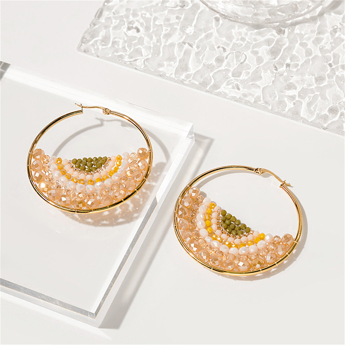 Champagne and 18K Gold-Plated Melon Beaded Huggie Earring, gold huggie earrings, dainty minimalist design, front view
