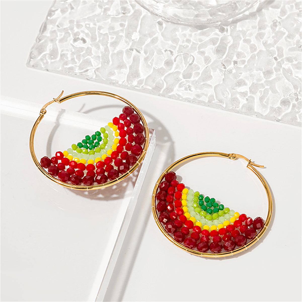 Red & 18K Gold-Plated Melon Bead-Detail Hoop Earrings