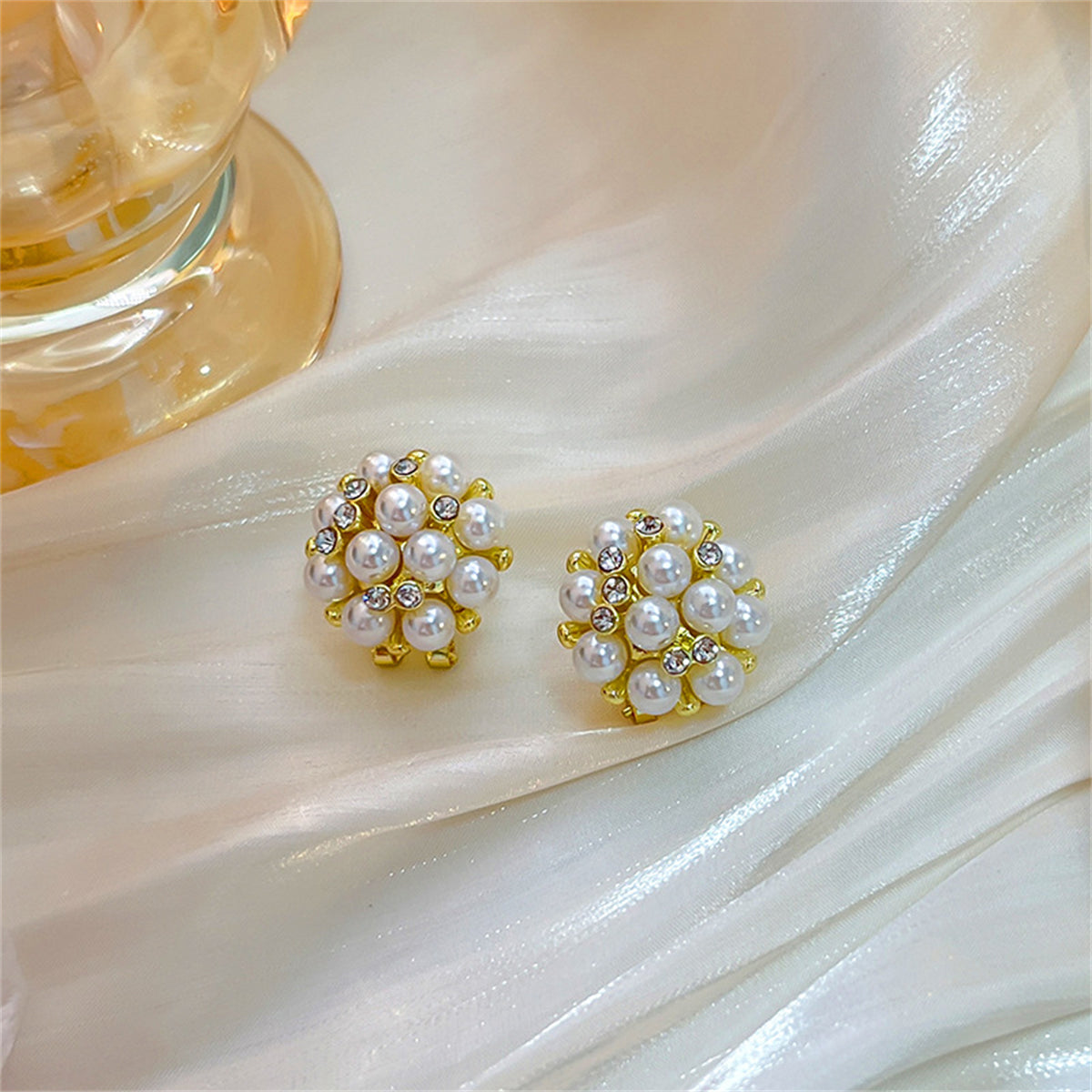 Pearl and Cubic Zirconia Blossom Stud Earrings, stud earrings for women, botanical inspired, side view