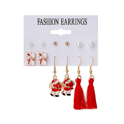 Pearl and Red Gift Box Santa Tassel Stud and Drop Earrings Set, stud earrings for women, everyday style, front view