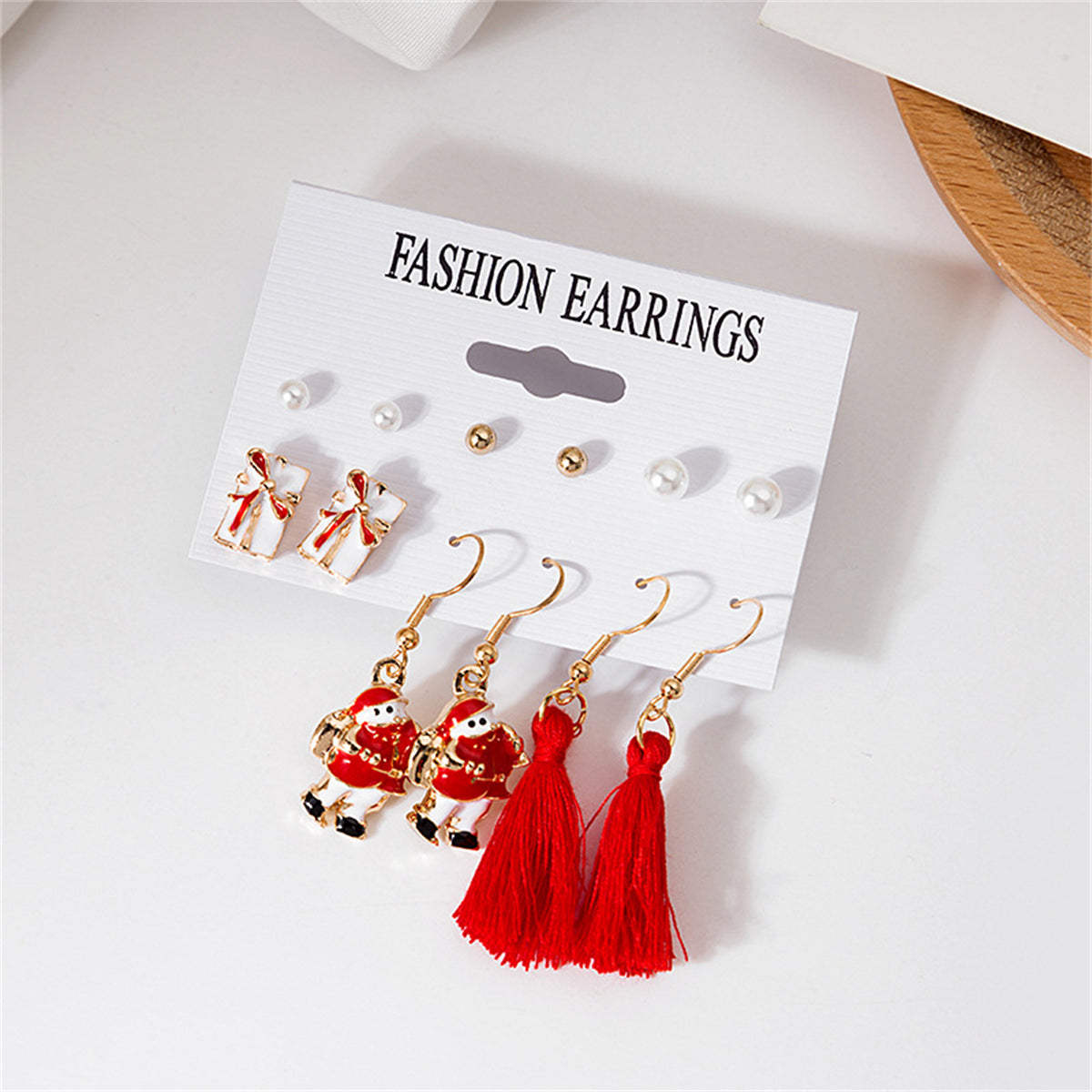 Pearl and Red Gift Box Santa Tassel Stud and Drop Earrings Set, stud earrings for women, everyday style, side view