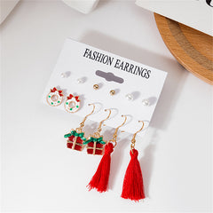 Pearl & Red Gift Box Bow Tassel Stud & Drop Earrings Set