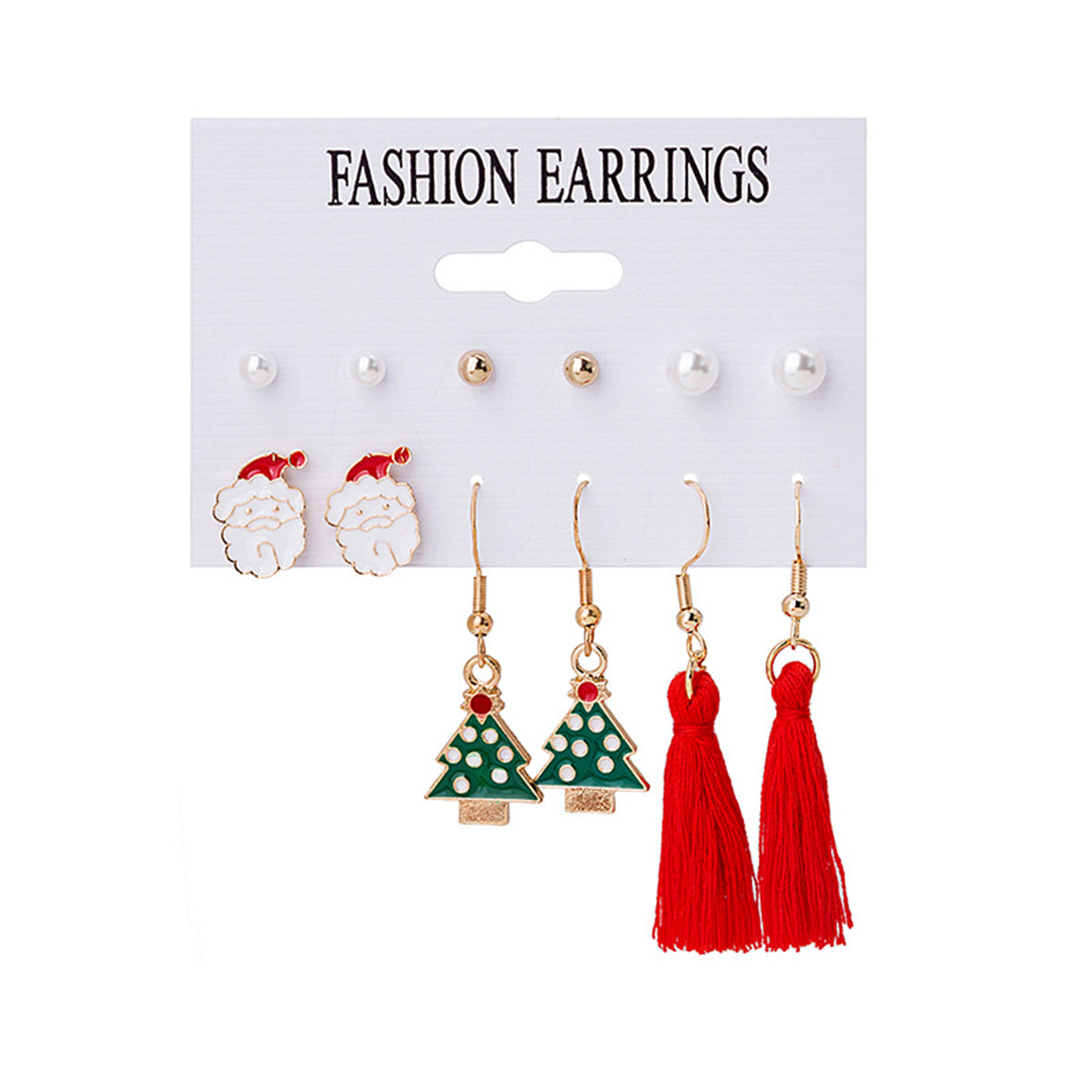 Pearl and Red Christmas Tree Santa Tassel Stud and Drop Earrings Set, stud earrings for women, front view