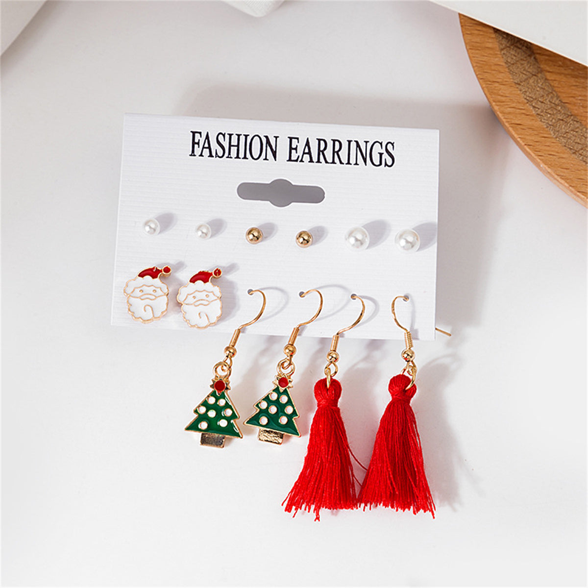 Pearl and Red Christmas Tree Santa Tassel Stud and Drop Earrings Set, stud earrings for women, side view