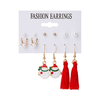 Pearl and Red Reindeer Snowman Tassel Stud and Drop Earrings Set, stud earrings for women, everyday style, front view