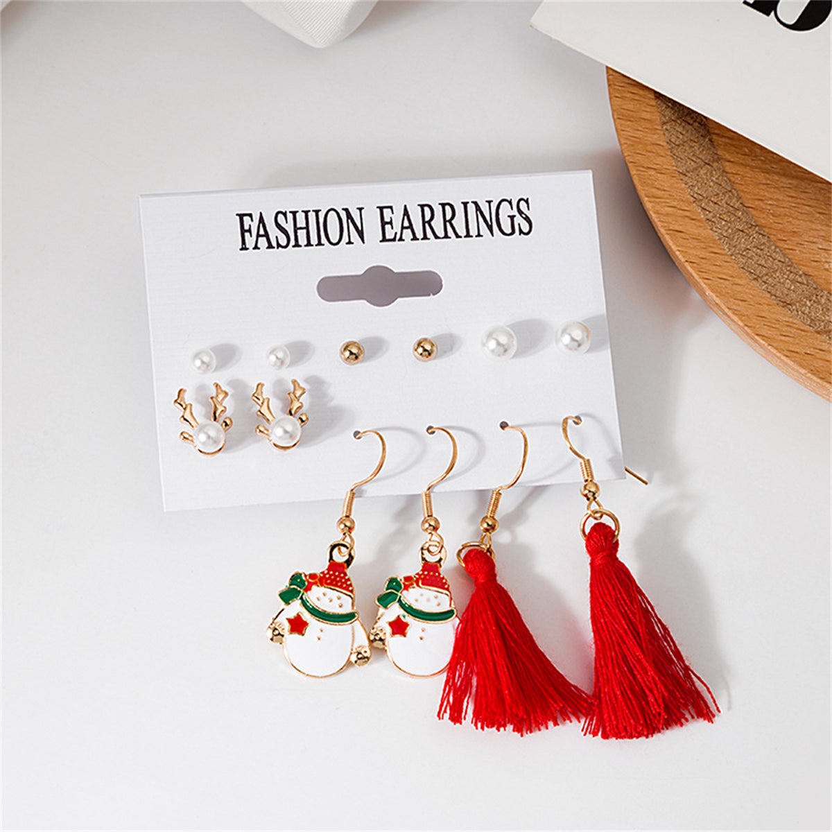 Pearl and Red Reindeer Snowman Tassel Stud and Drop Earrings Set, stud earrings for women, everyday style, side view