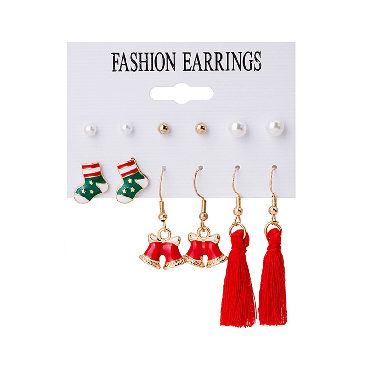 Pearl and Red Stocking Bell Tassel Stud and Drop Earrings Set, stud earrings for women, dainty minimalist design, front view