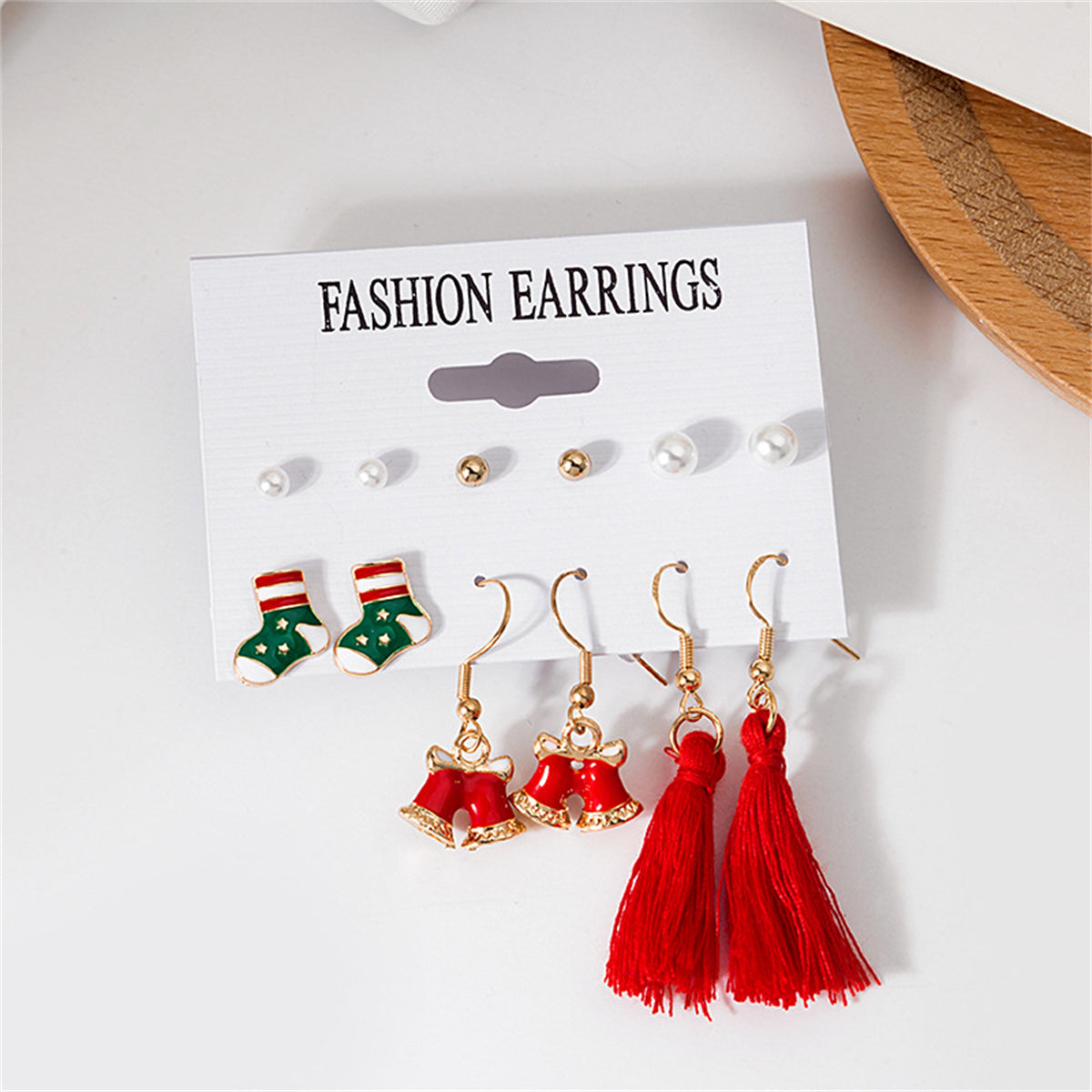 Pearl and Red Stocking Bell Tassel Stud and Drop Earrings Set, stud earrings for women, dainty minimalist design, side view