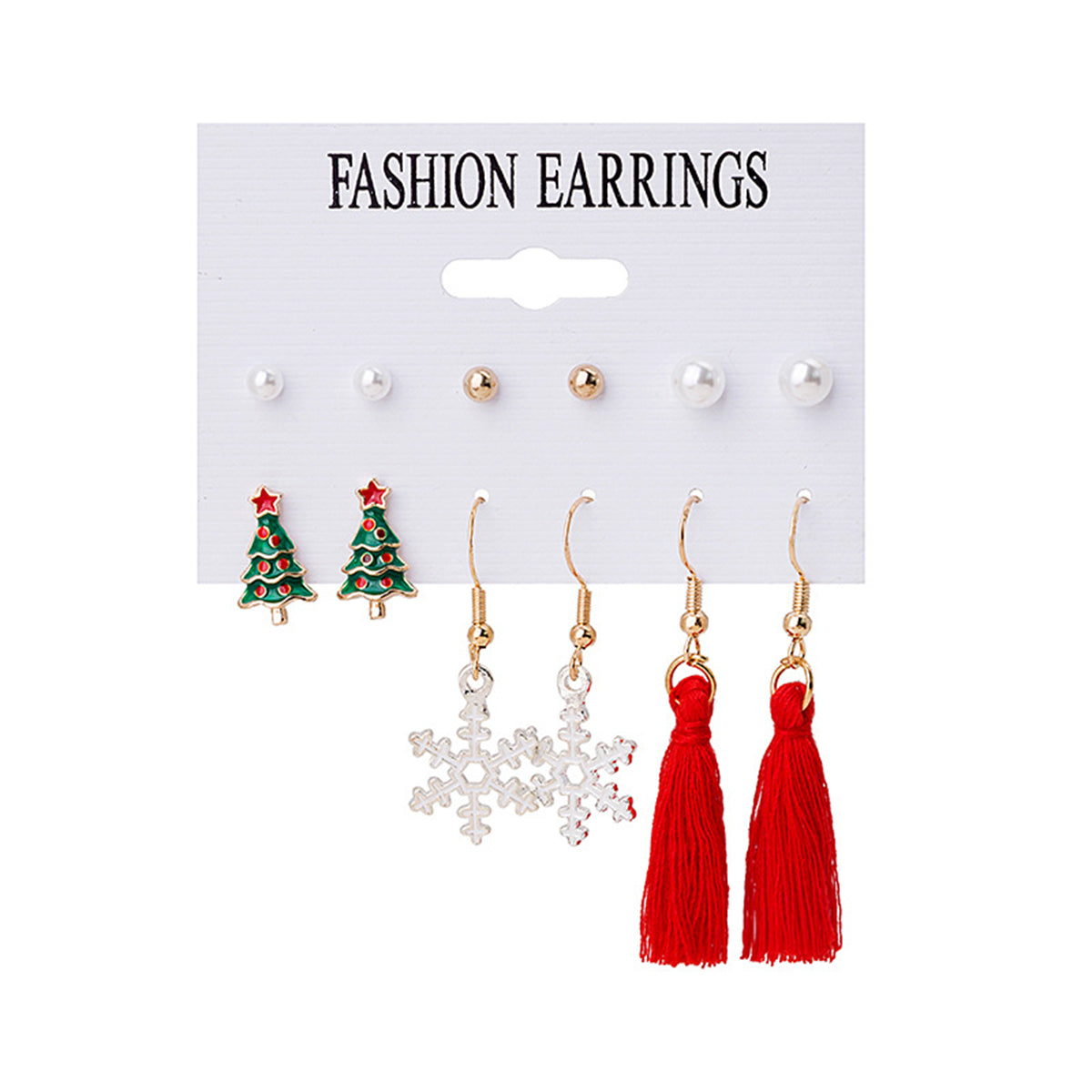 Pearl and Red Christmas Tree Snowflake Tassel Stud and Drop Earrings Set, stud earrings for women, front view