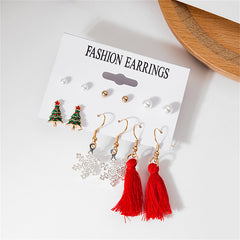Pearl & Red Christmas Tree Snowflake Tassel Stud & Drop Earrings Set