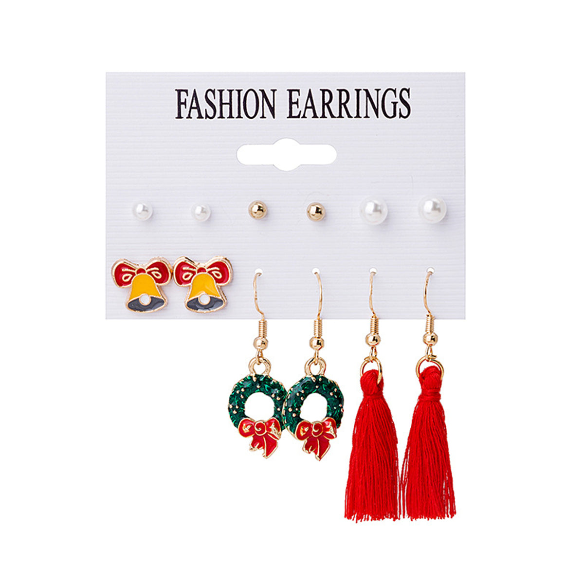 Pearl and Red Bell Bow Tassel Stud and Drop Earrings Set, stud earrings for women, dainty minimalist design, front view