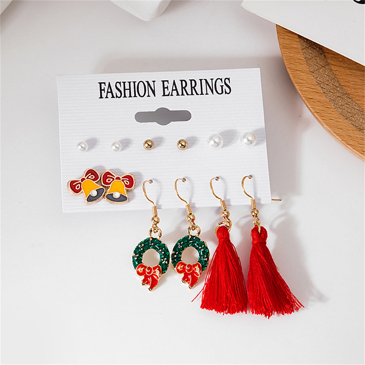 Pearl and Red Bell Bow Tassel Stud and Drop Earrings Set, stud earrings for women, dainty minimalist design, side view