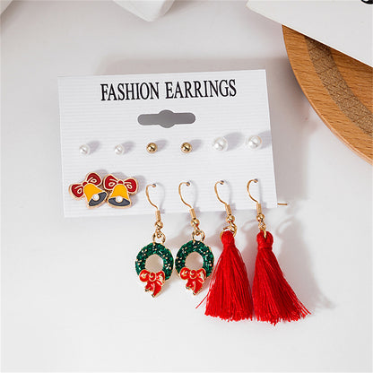 Pearl and Red Bell Bow Tassel Stud and Drop Earrings Set, stud earrings for women, dainty minimalist design, side view