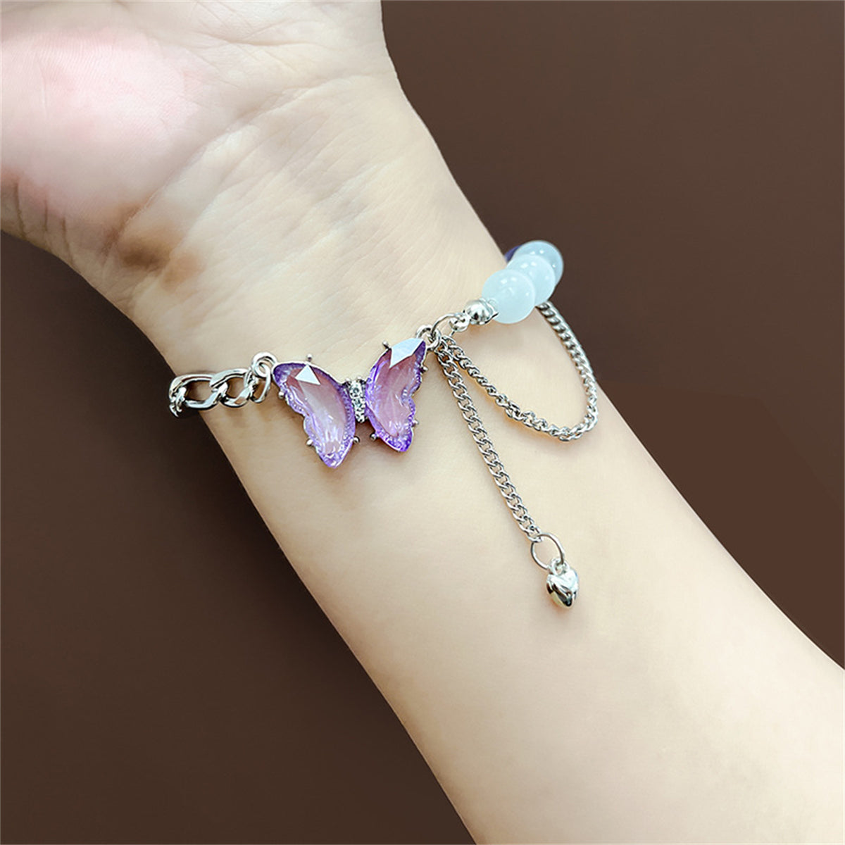 Quartz and Crystal Layered Butterfly Charm Bracelet, bracelet for women, everyday style, front view