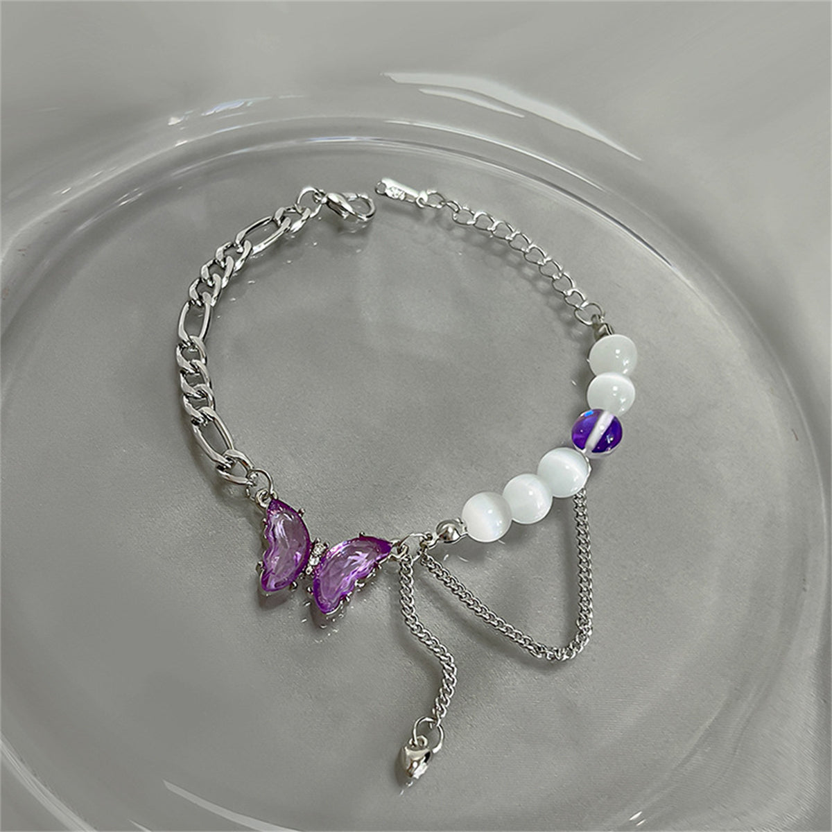 Quartz and Crystal Layered Butterfly Charm Bracelet, bracelet for women, everyday style, styled look