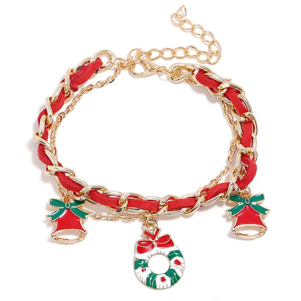 Red Enamel and 18K Gold-Plated Threaded-Cord Holiday Wreath Charm Bracelet, gold bracelet for women, side view