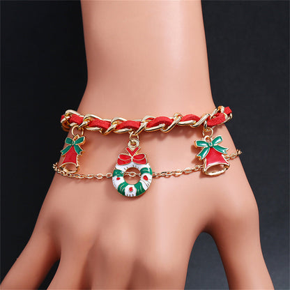 Red Enamel and 18K Gold-Plated Threaded-Cord Holiday Wreath Charm Bracelet, gold bracelet for women, front view