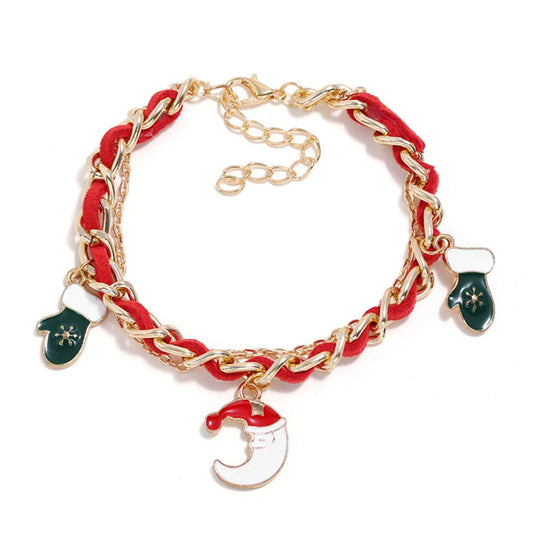 Red Enamel and 18K Gold-Plated Threaded-Cord Holiday Moon Charm Bracelet, gold bracelet for women, front view