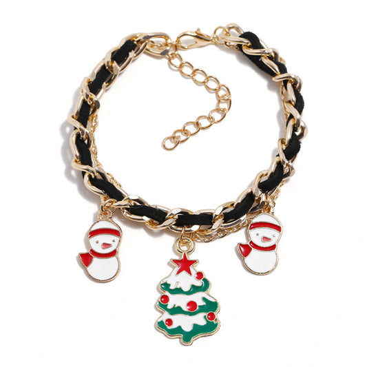 Black Polystyrene and 18K Gold-Plated Threaded-Cord Snowman Charm Bracelet, gold bracelet for women, front view