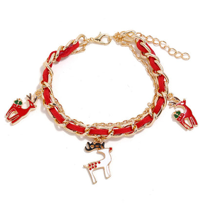 Red Enamel and 18K Gold-Plated Threaded-Cord Reindeer Charm Bracelet, gold bracelet for women, front view