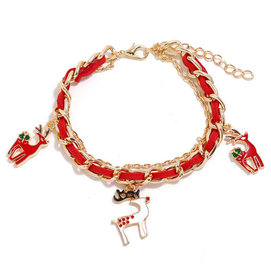 Red Enamel and 18K Gold-Plated Threaded-Cord Reindeer Charm Bracelet, gold bracelet for women, front view