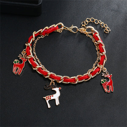 Red Enamel and 18K Gold-Plated Threaded-Cord Reindeer Charm Bracelet, gold bracelet for women, side view