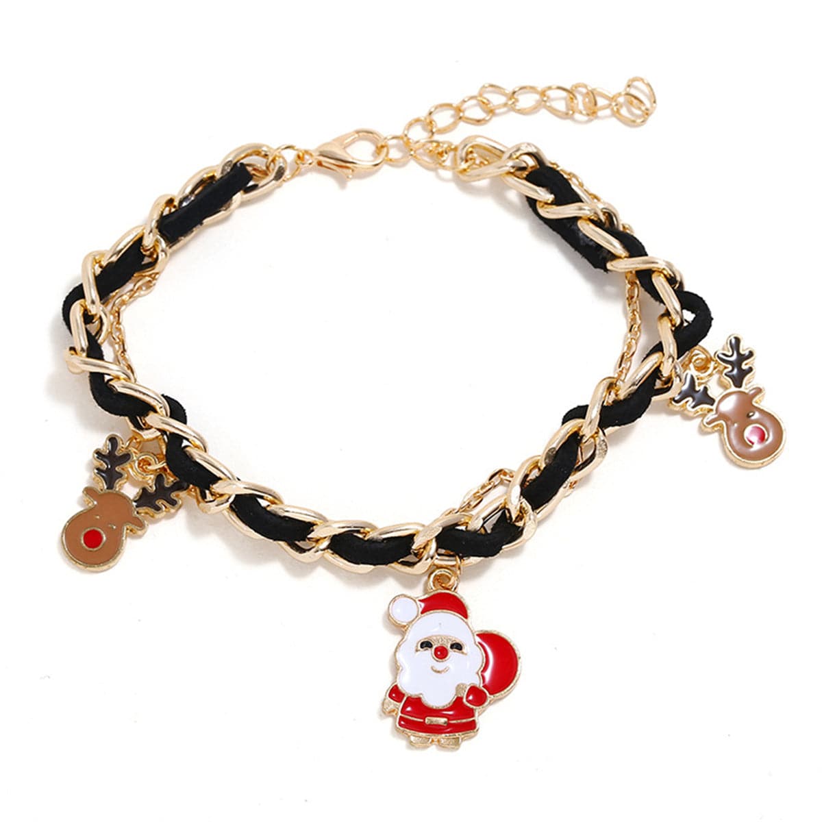 Black Polystyrene and 18K Gold-Plated Threaded-Cord Santa Charm Bracelet, gold bracelet for women, everyday style, front view