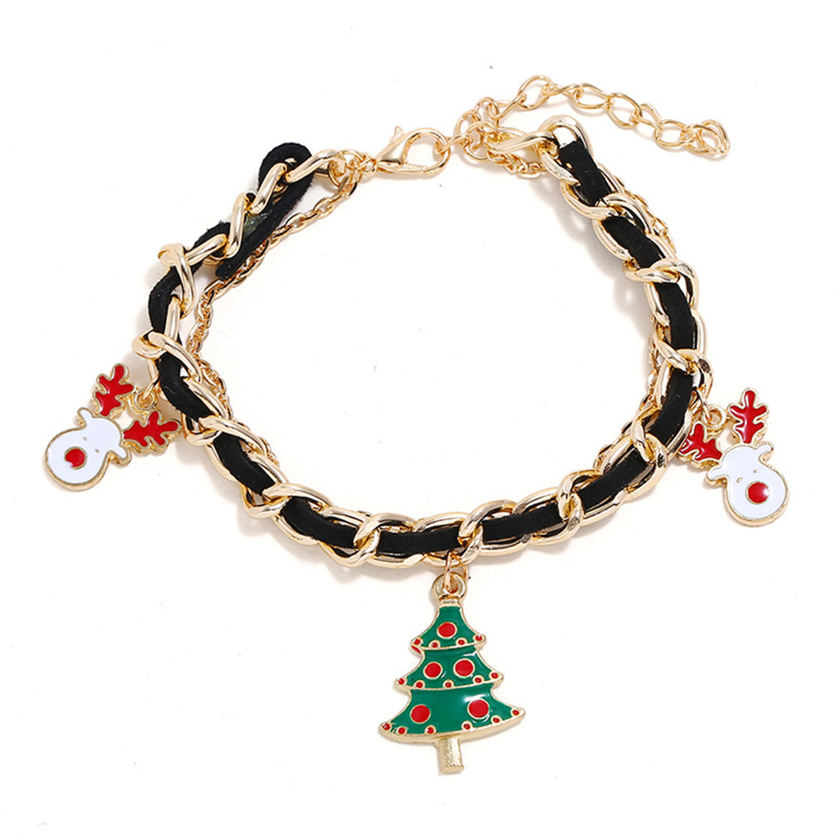 Black Polystyrene and 18K Gold-Plated Threaded-Cord Christmas Tree Charm Bracelet, gold bracelet for women, front view