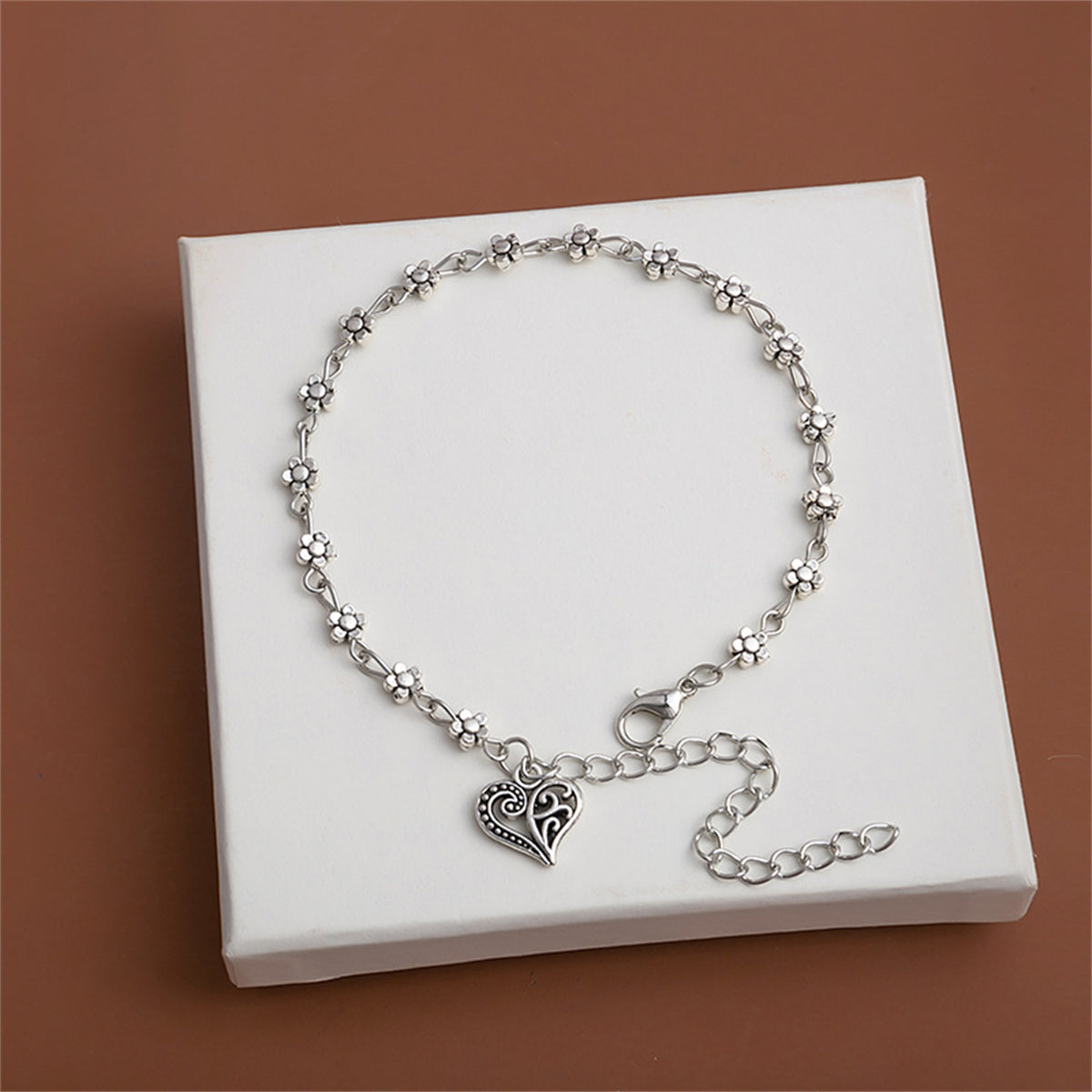 Silver-Plated Mum Station Heart Charm Bracelet, silver anklet bracelet, vintage-inspired design, front view