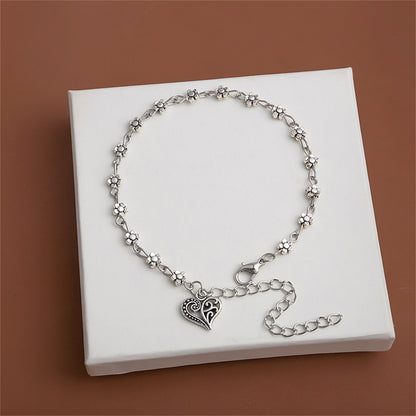 Silver-Plated Mum Station Heart Charm Bracelet, silver anklet bracelet, vintage-inspired design, front view