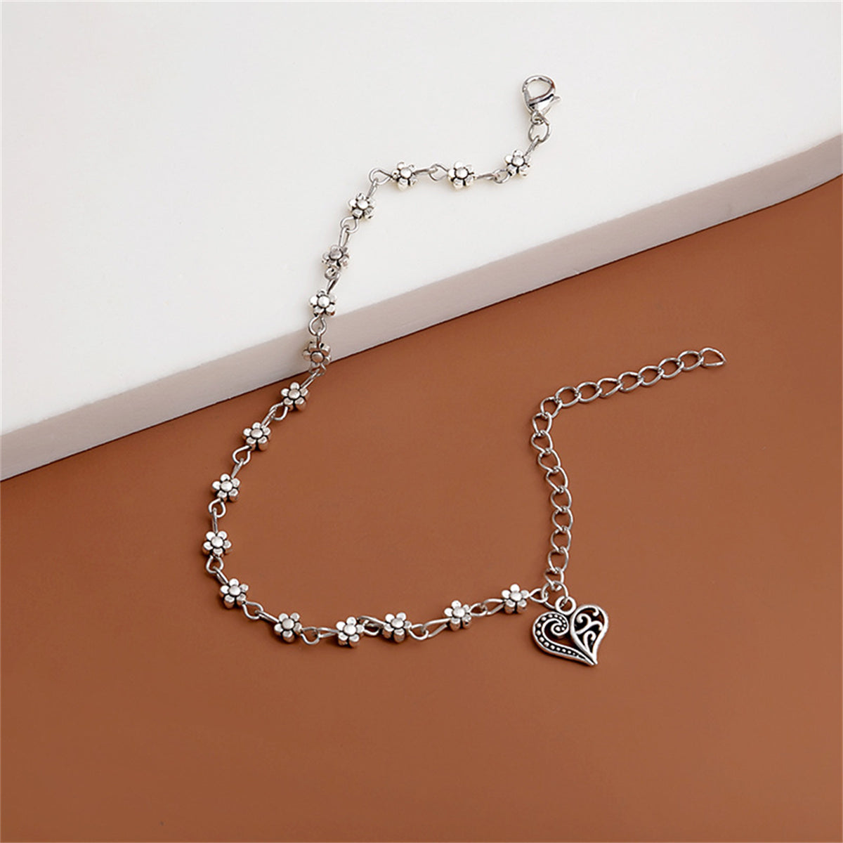 Silver-Plated Mum Station Heart Charm Bracelet, silver anklet bracelet, vintage-inspired design, lifestyle look