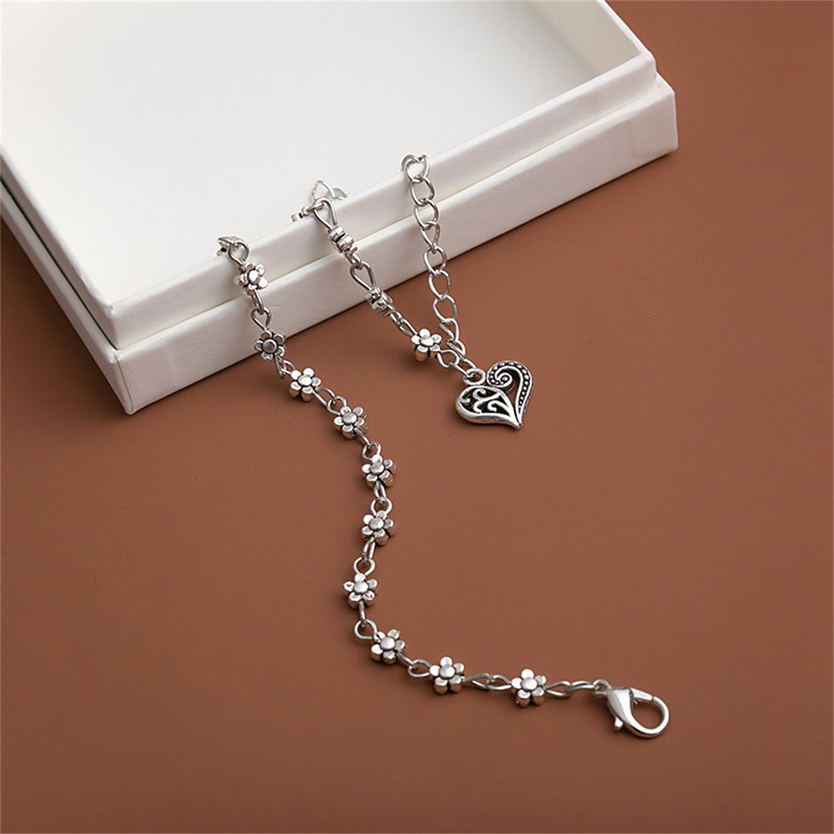 Silver-Plated Mum Station Heart Charm Bracelet, silver anklet bracelet, vintage-inspired design, styled look