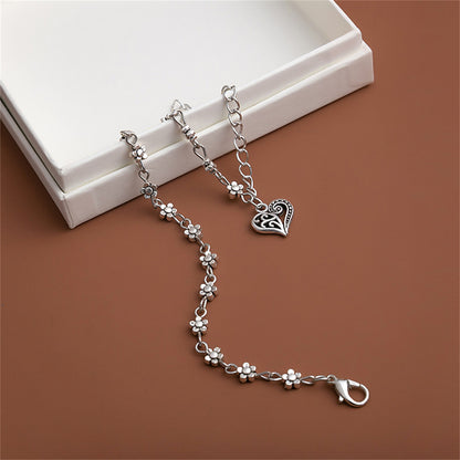 Silver-Plated Mum Station Heart Charm Bracelet, silver anklet bracelet, vintage-inspired design, styled look