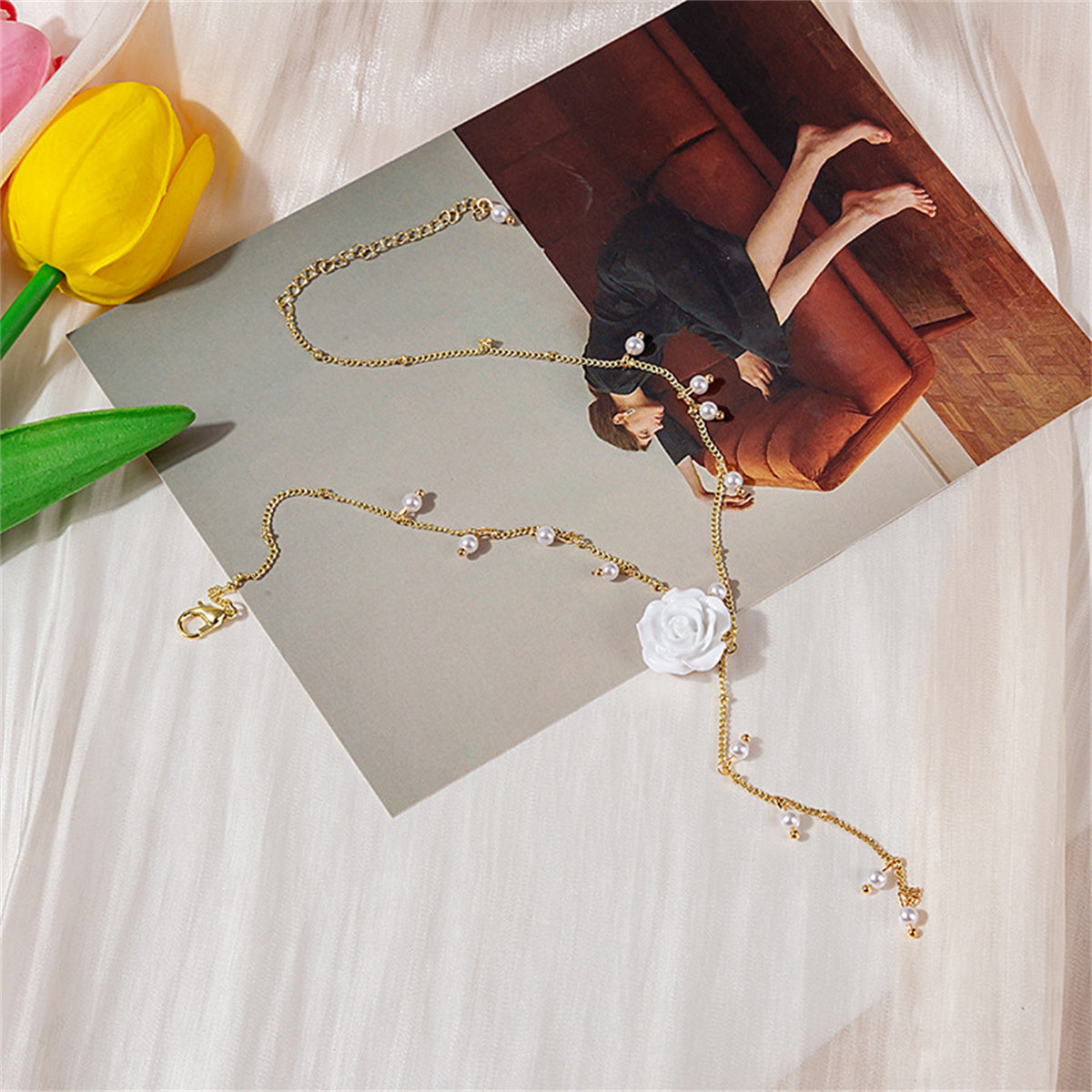 Pearl and White Resin 18K Gold-Plated Flower Pendant Station Chain Necklace, gold pendant necklace for women, front view
