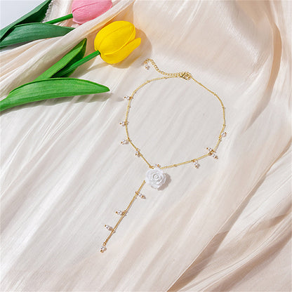 Pearl and White Resin 18K Gold-Plated Flower Pendant Station Chain Necklace, gold pendant necklace for women, detail close-up