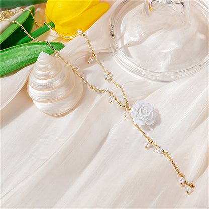 Pearl and White Resin 18K Gold-Plated Flower Pendant Station Chain Necklace, gold pendant necklace for women, side view