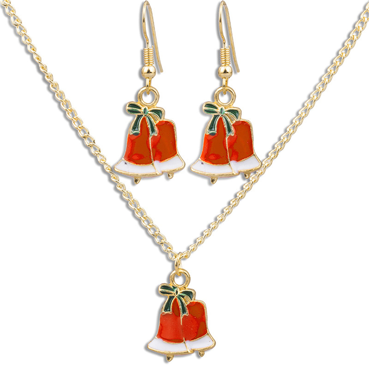Red and Green Bow Bells Pendant Necklace Set, drop earrings for women, elegant gift for her, front view
