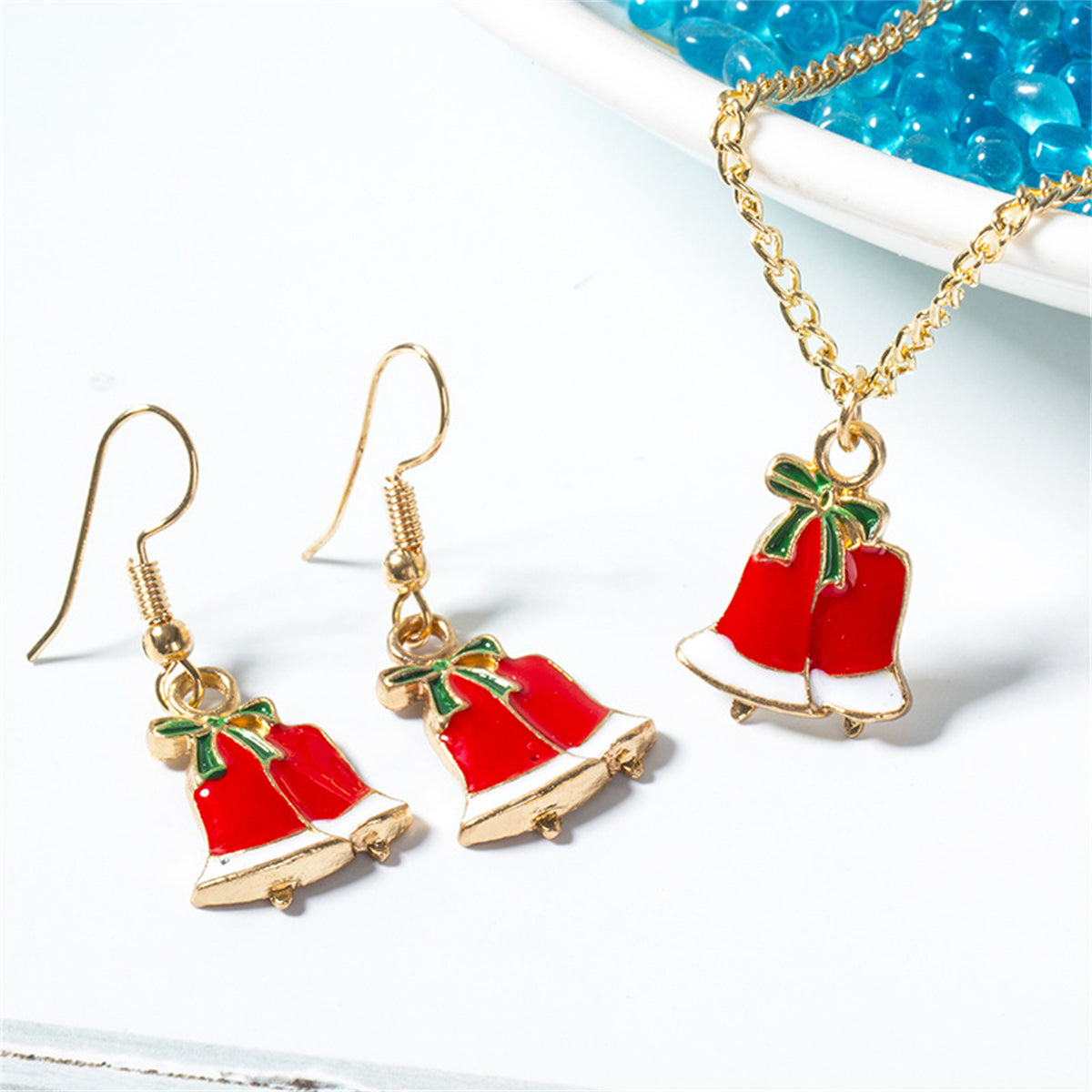 Red and Green Bow Bells Pendant Necklace Set, drop earrings for women, elegant gift for her, side view