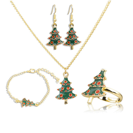 Green Enamel and 18K Gold-Plated Christmas Tree Pendant Necklace Set, gold drop earrings for women, front view