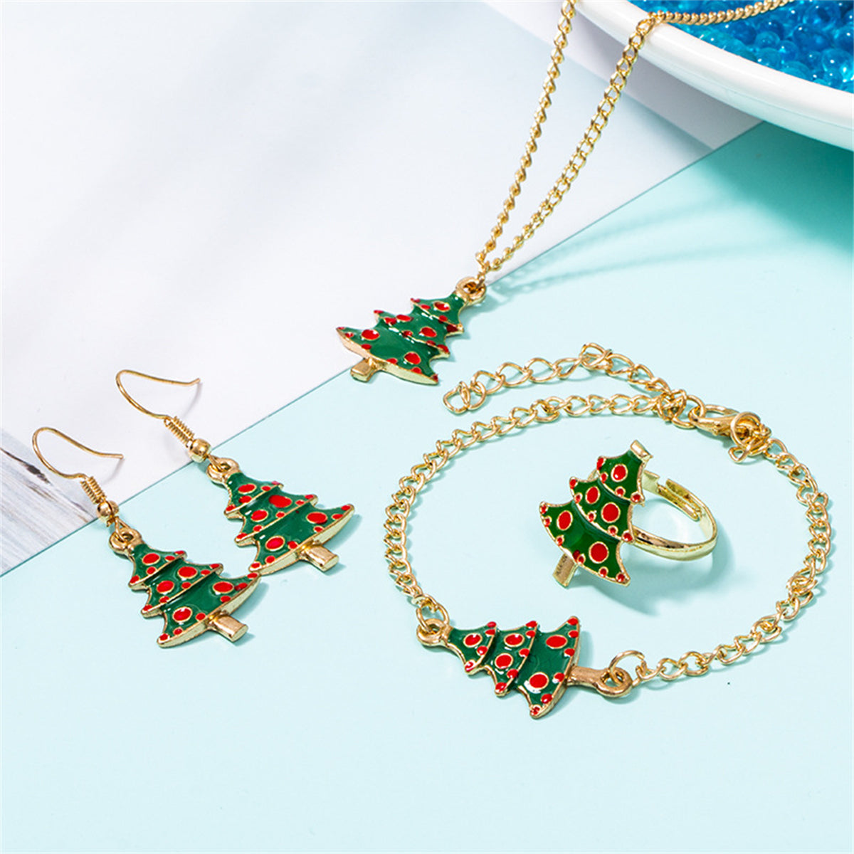 Green Enamel & 18K Gold-Plated Christmas Tree Pendant Necklace Set